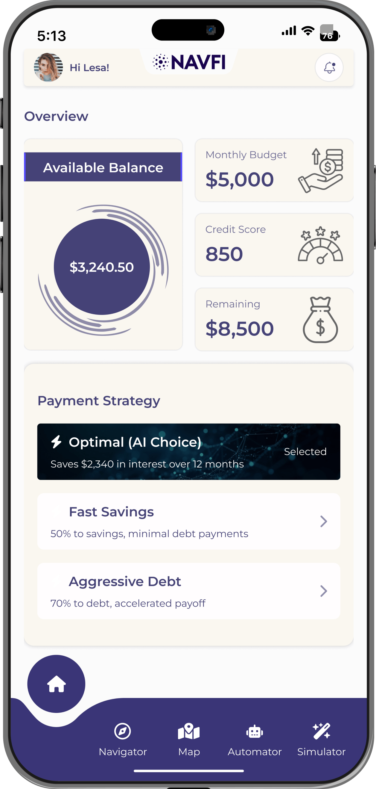 Navfi mobile app dashboard mockup