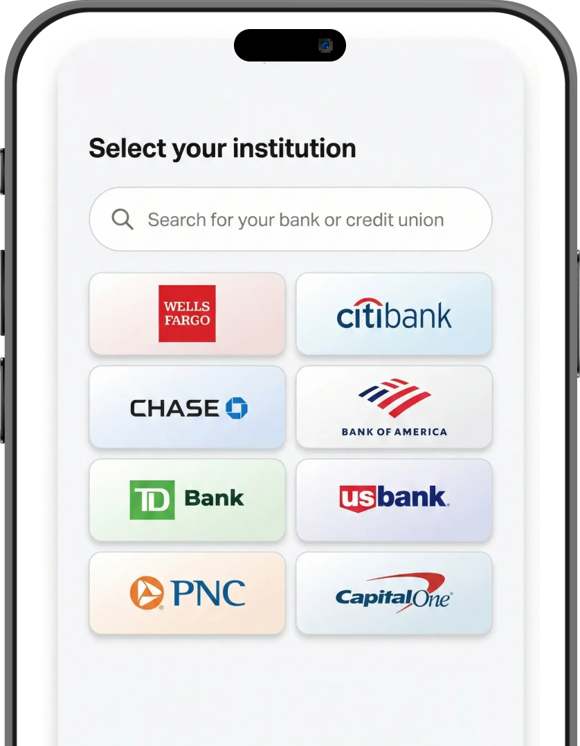 Mobile app mockup showing institutions interface